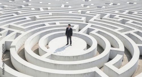 Businessman standing in the center of a vast circular maze, wearing a dark suit and tie. Concept of challenges, strategy, and finding a solution.