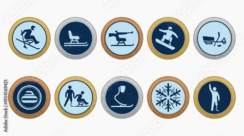 Collection of Paralympic sports icons featuring adaptive athletes in various winter sports like alpine skiing, snowboard, and cross country skiing on a flat background