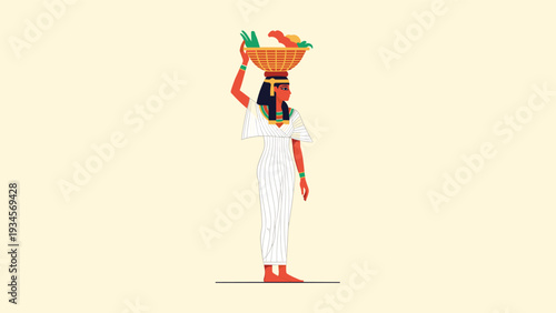 Ancient Egyptian woman in traditional white dress carrying woven basket of food on her head against simple cream background.