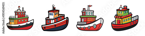 Four colorful tugboats in different designs vector illustration