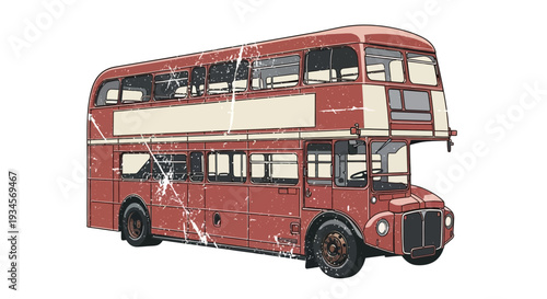 Vintage Red Double Decker Bus Illustration with Grunge Texture