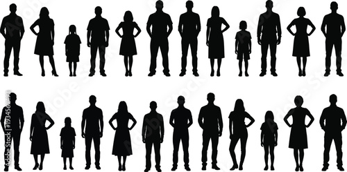 Black silhouettes of people standing in various poses on white background for design
