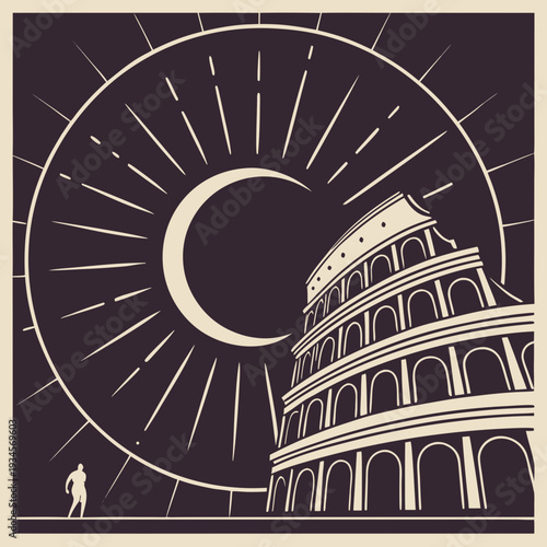 The Colosseum bathed in light with a crescent moon and a single figure, evoking mystery and history.