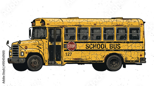 Vintage yellow school bus with distressed paint and stop sign