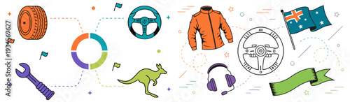 A colorful vector graphic illustration of various Australian themed icons and symbols
