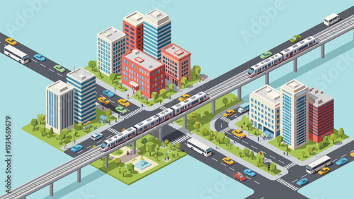 Large isometric city map with high-rise buildings, urban roads, traffic, green parks, and a modern train on a raised bridge track.