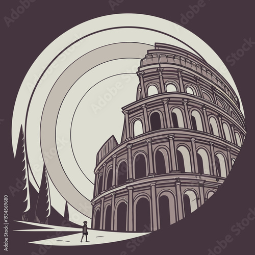 Colosseum in Rome with a lone figure walking, rendered in a vintage art deco style with layered circles.