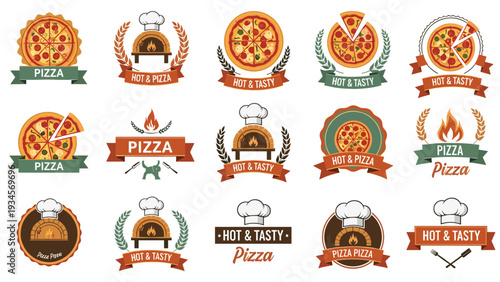 Set of diverse pizza restaurant logos and labels featuring pizzas, wood-fired ovens, chef hats, and traditional wheat border designs.
