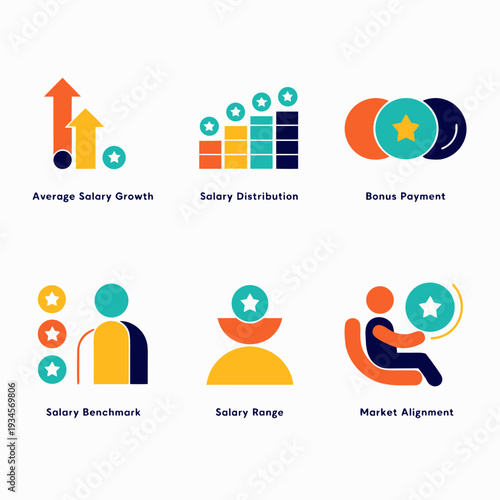 A set of colorful vector icons illustrating various salary and compensation concepts in a modern flat design style
