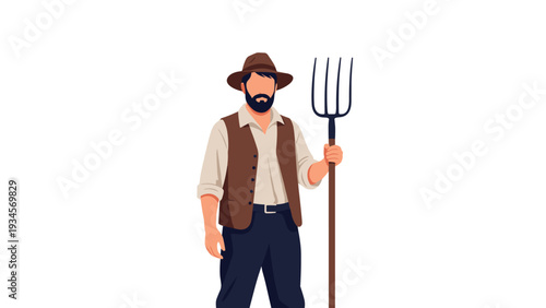 Bearded farmer wearing a brown vest and hat holds a traditional metal pitchfork against a clean white background.