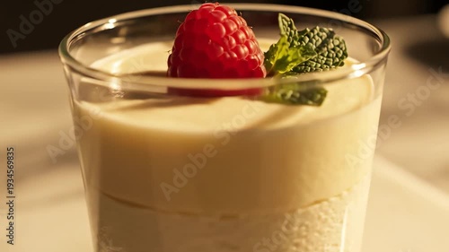 Creamy dessert in glass with raspberry and mint garnish close up