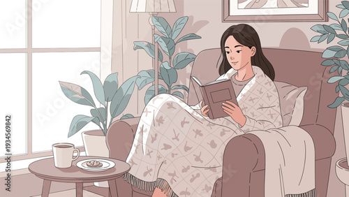 Young woman enjoys a peaceful moment reading a book while wrapped in a cozy blanket on a comfortable armchair at home.