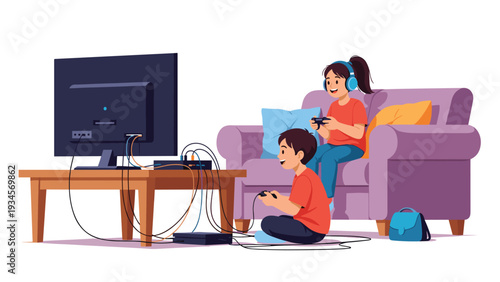 Two happy children sitting on a purple sofa play video games together on a large television screen in their living room.