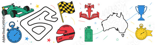 A colorful vector graphic illustration of various racing and speed related icons and symbols on a white background