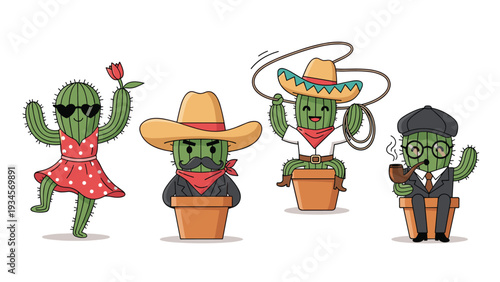 Creative set of cactus characters dressed as a dancer, a cowboy, a bandit, and a gentleman smoking a pipe in individual pots.