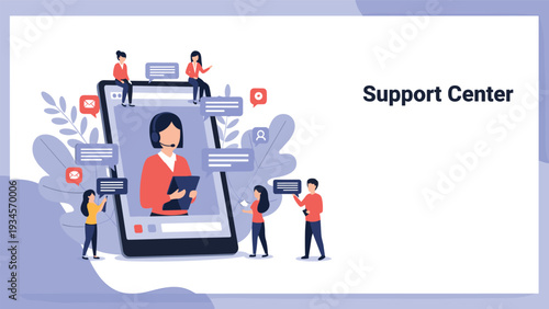 Online support center concept featuring a large smartphone screen with a customer service representative and multiple users.