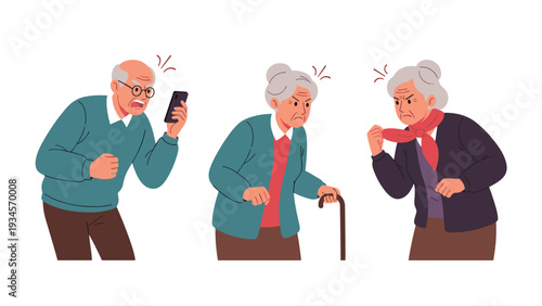 Three senior citizens express anger and frustration while using technology or reacting to a difficult situation.