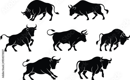 Bull silhouette set in dynamic poses isolated on white background symbolizing strength power aggression wildlife design illustration