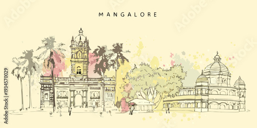 Mangalore cityscape illustration featuring landmarks palms and watercolor splashes