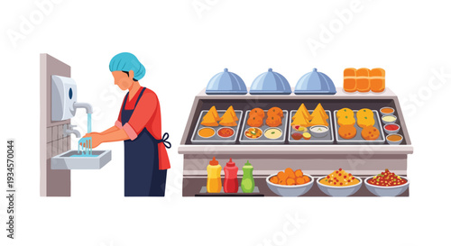 A food service worker washing hands at a sink next to a buffet-style food display with various dishes and condiments.