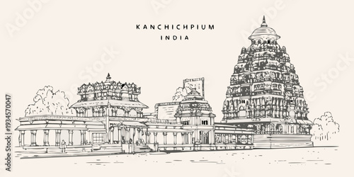 Detailed sketch of a traditional south indian temple kanchichipium india