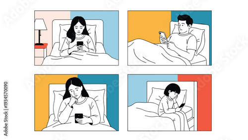 Four separate panels show different individuals using their mobile phones while lying in bed late at night in their bedrooms.