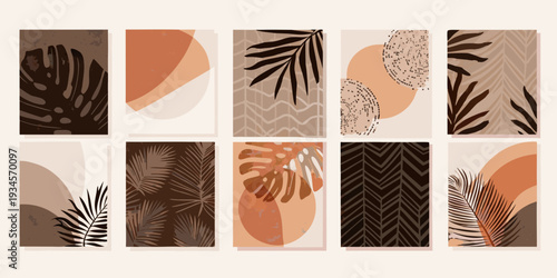 Nine botanical patterned panels in muted earth tone colors