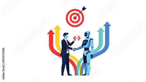 Businessman shakes hands with a sophisticated humanoid robot symbolizing a partnership between humans and artificial intelligence.