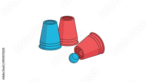 Three plastic cups and a small blue ball used for a traditional cup and ball magic trick or gambling game.