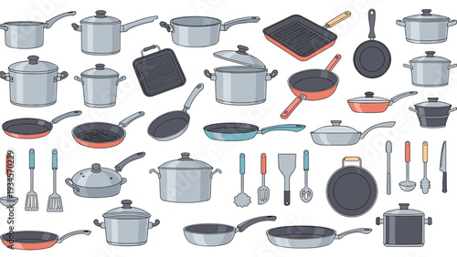 Large set of various kitchen cookware including pots, pans, lids, and cooking utensils arranged on a white background.
