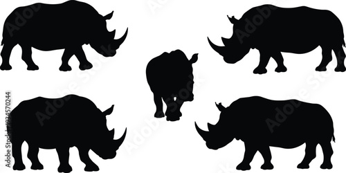 Rhino silhouette set, wild animal vector illustration, African wildlife clipart design, endangered species art, flat vector illustration