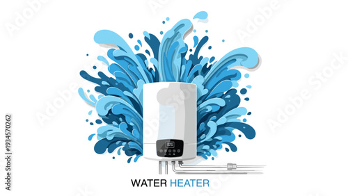 Modern electric white water heater stands in front of a powerful and dynamic blue water splash illustration.