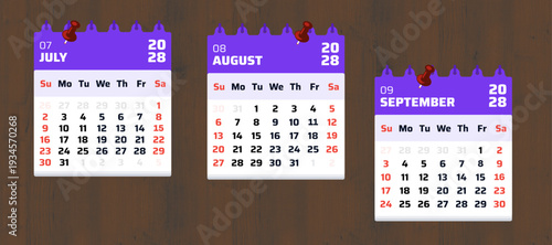 July, August, September calendar 2029. Calendar 2029 with purple header style on wooden background. Best for planning, productivity, and scheduling concept. Vector illustration