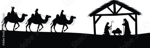 Nativity scene silhouette with three wise men on camels and holy family in manger black and white Christmas illustration