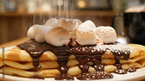 Delicious crepe dessert with chocolate sauce and marshmallows close up