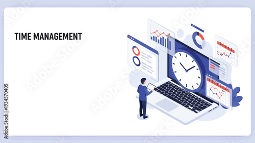 Isometric concept of time management featuring a man standing next to a laptop with a large clock and data charts on the screen.