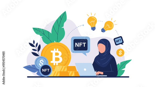Woman wearing a hijab working on a laptop with symbols of cryptocurrency, gold, and non-fungible tokens in the background.