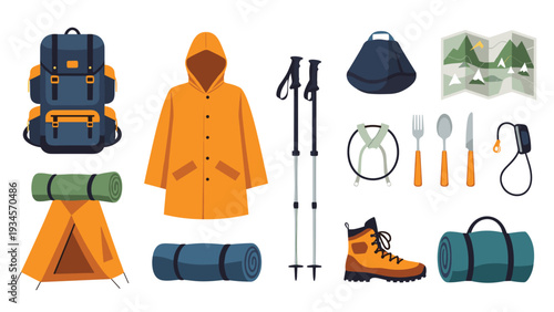 Comprehensive collection of hiking and camping equipment icons including backpack, tent, boots, map, and tools on white background.
