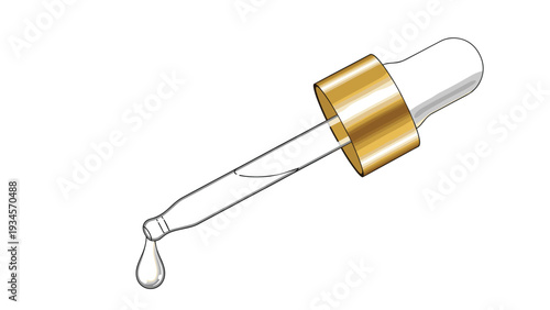 Glass dropper with a single drop of liquid essence or serum hanging from the tip representing beauty, medicine, or science.