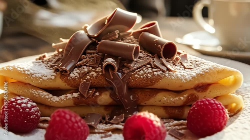 Delicious crepe with chocolate and raspberries on a plate near coffee cup