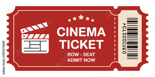 Digital Illustration of Red Cinema Ticket Design Featuring Admit One Text Isolated on White Background for Movie Admission, Theater Event, Entertainment Promotion, and Graphic Design