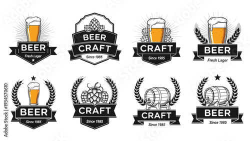 Vintage style beer and craft brewery logo templates featuring beer glasses, hops, barrels, and wheat on black and white backgrounds.