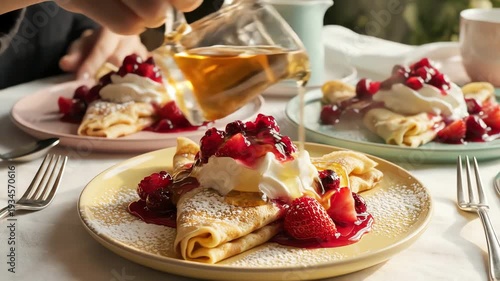Delicious crepes with berries and whipped cream on plates food photography