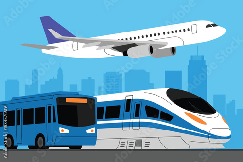 Bullet Train, Modern Transportation Illustration, Featuring Bullet Train, City Bus and Commercial Airliner Over Blue Cityscape