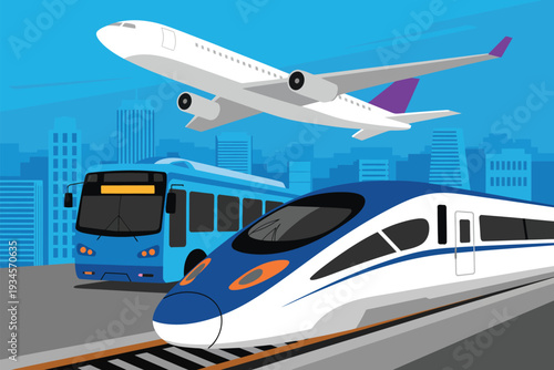 Modern Transportation Illustration, Featuring Bullet Train, City Bus and Commercial Airliner Over Blue Cityscape