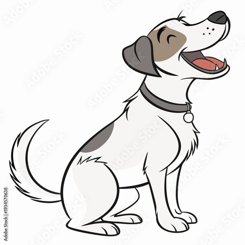 A white dog with brown spots and a collar sits happily