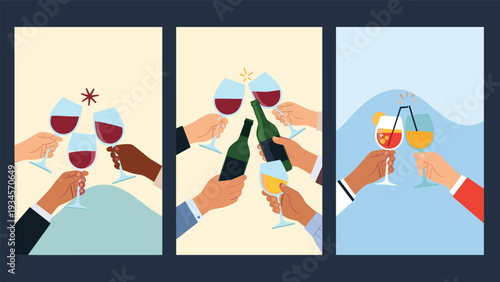 Three vertical banners showing people clinking glasses of wine and cocktails in a celebration toast during a social gathering.