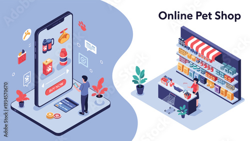 Online pet shop concept showing a smartphone app for buying pet supplies and an isometric view of a retail pet store interior.