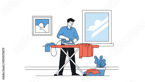 Man ironing a red shirt on an ironing board in a bright living room with a window and a potted plant in a domestic scene.