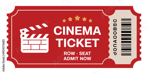Digital Illustration of Red Cinema Ticket Design Featuring Admit One Text Isolated on White Background for Movie Admission, Theater Event, Entertainment Promotion, and Graphic Design